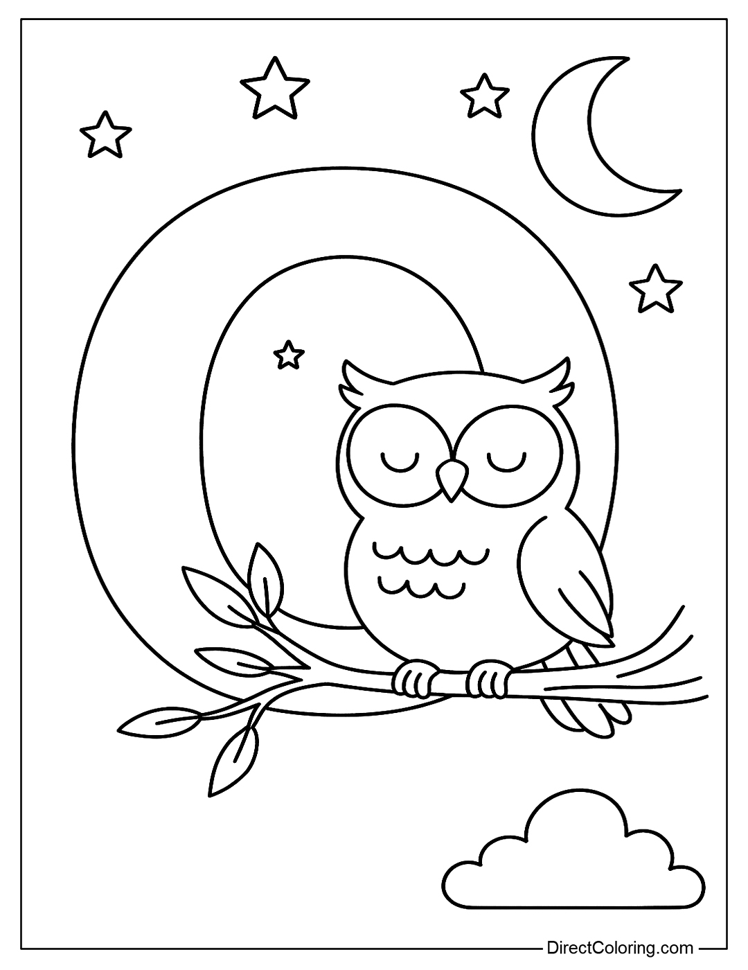 Coloring Page of the letter O and an owl sitting on a tree branch at night, with stars and moonlight